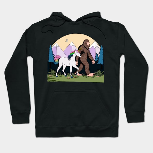 Mythical Creatures Bigfoot And Unicorn In The Wild Halftone Hoodie by UNDERGROUNDROOTS